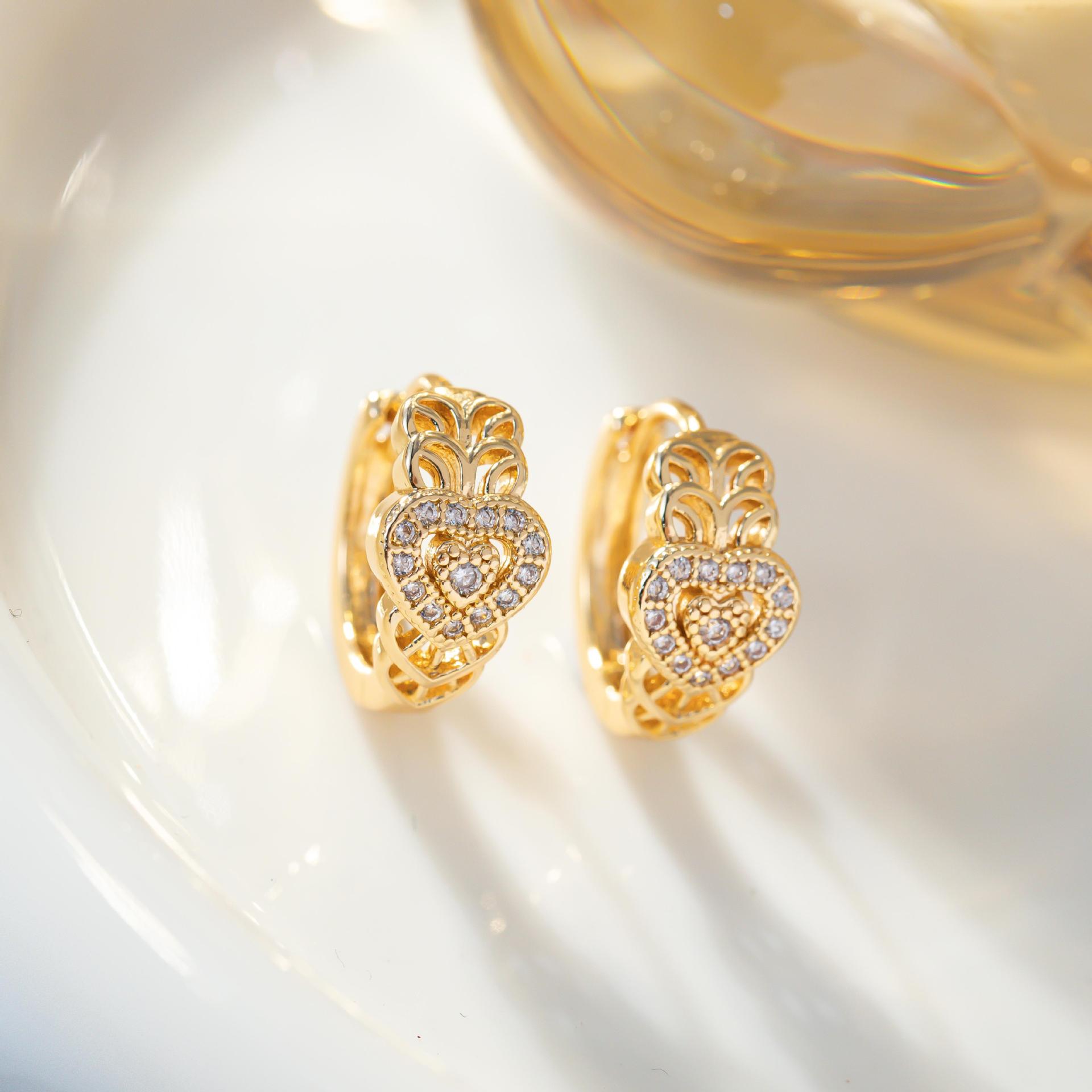Heart-Shaped Hip Hop Zirconia Stud Earrings with European  American Design