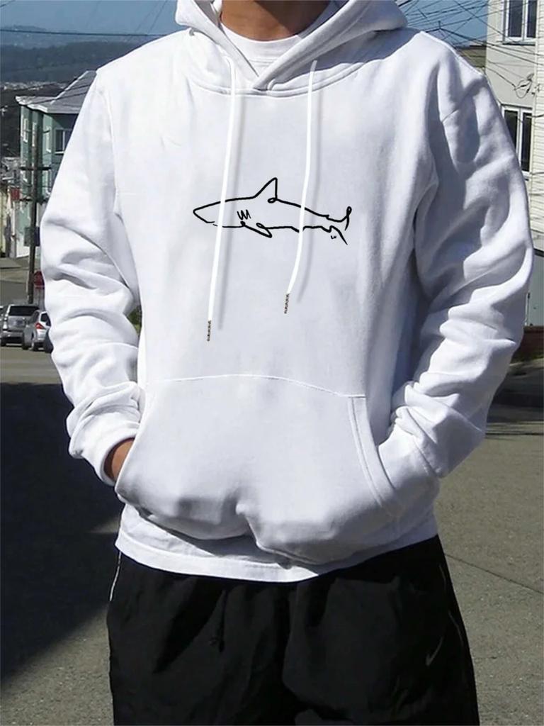 Simple Shark Printing Hoodie For Unisex Kangaroo Pocket Drawstring Pullovers Thermal Fleece Warm Sweatshirts Autumn Casual Clothes