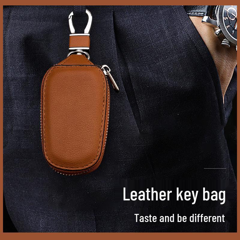 Men's Universal Cowhide Leather Car Key Case with Car Logo and Waist-Hanging Zipper
