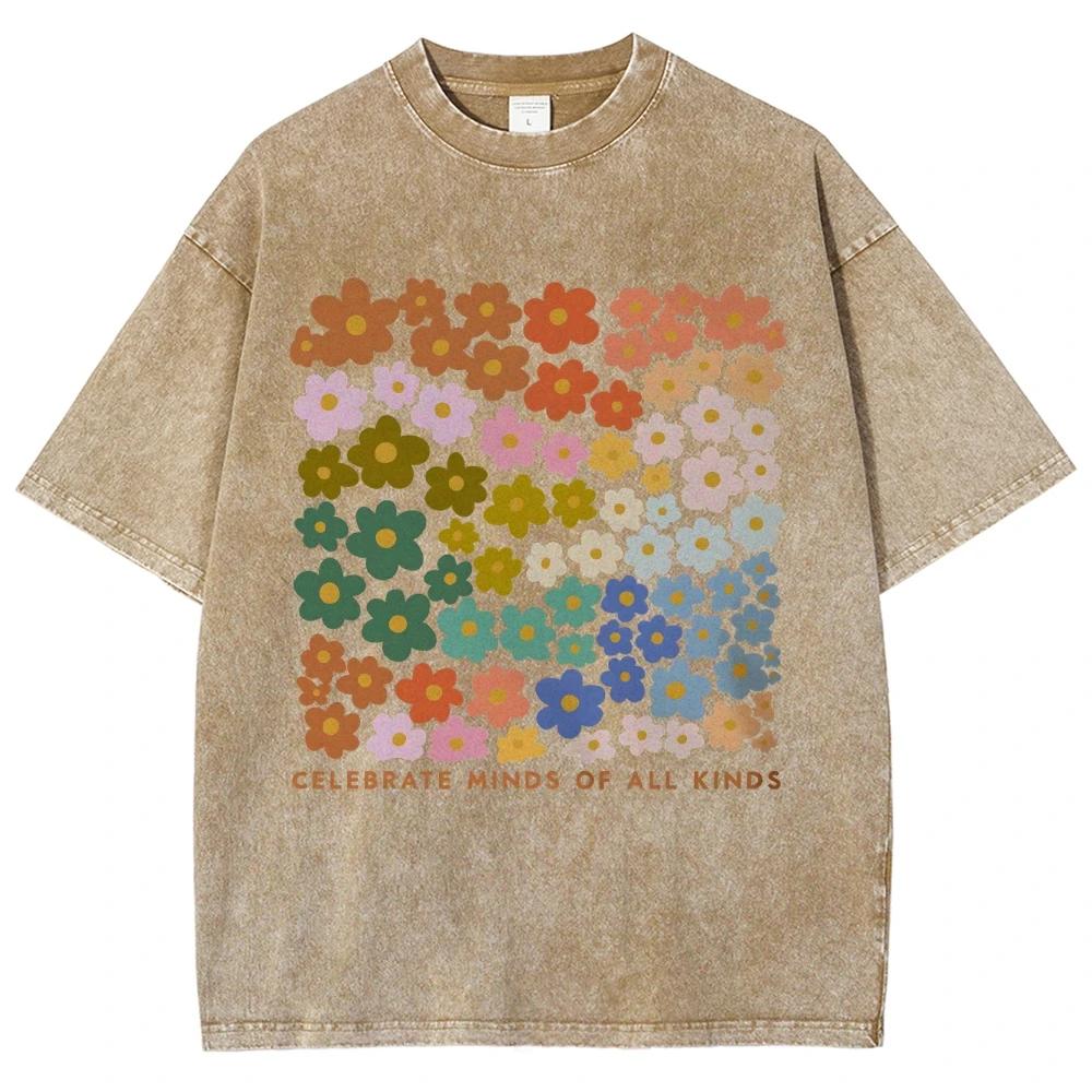 Colorful Flower Pattern T-shirt Retro Water Wash Vintage Men's and Women's Clothing Short Sleeve
