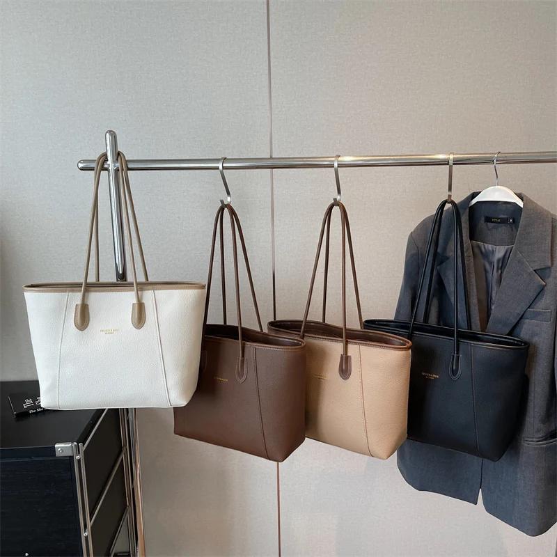 Women's large capacity PU shoulder bag monochromatic stitching bag casual totes