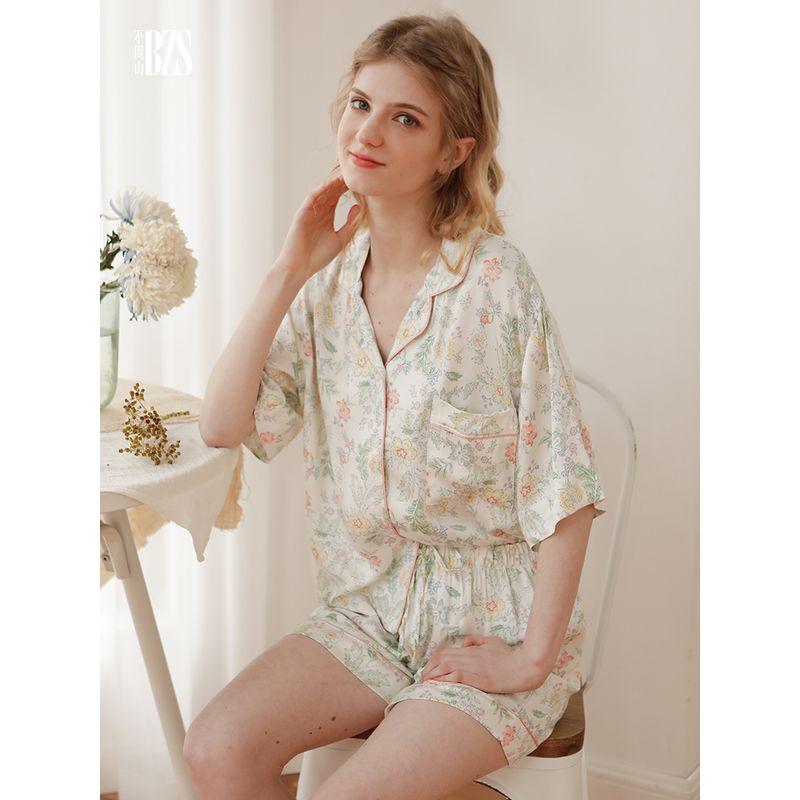 Summer Thin Floral Casual Cotton Silk Satin Home Wear Short Sleeve Shorts Two-piece Set Jardin Monet Pajamas for Women