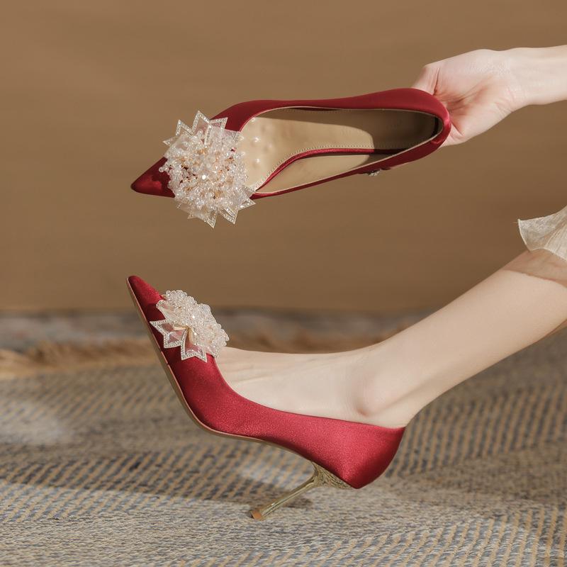 Women's Shoes Wedding High Heels Not Tired Feet Silk Sequined Flower Shoes Stiletto Women's Shoes Versatile Pointed Single Shoes