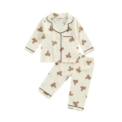 Çocuklar Unisex Günlük Pijama Takımı, Ayı Baskılı Uzun Kollu Ön Cep Yaka Üstleri + Baskılı Uzun Pantolon