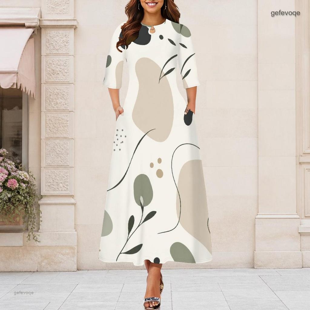 Women Plus Size Keyhole Neck 3 4 Sleeve Abstract Print Long Maxi Dress