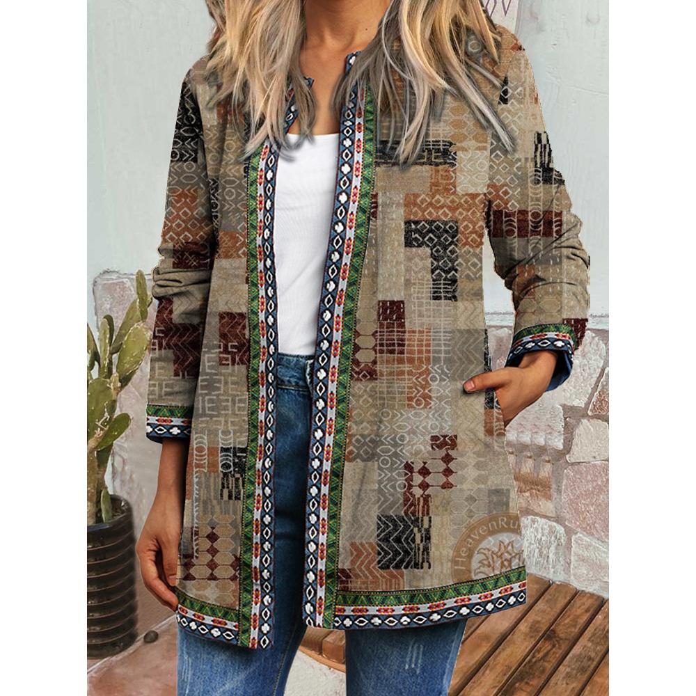 GMXIA Herbst Winter Vintage Ethnischer Stil Druck Übergröße Jacke Strickjacke Damenbekleidung