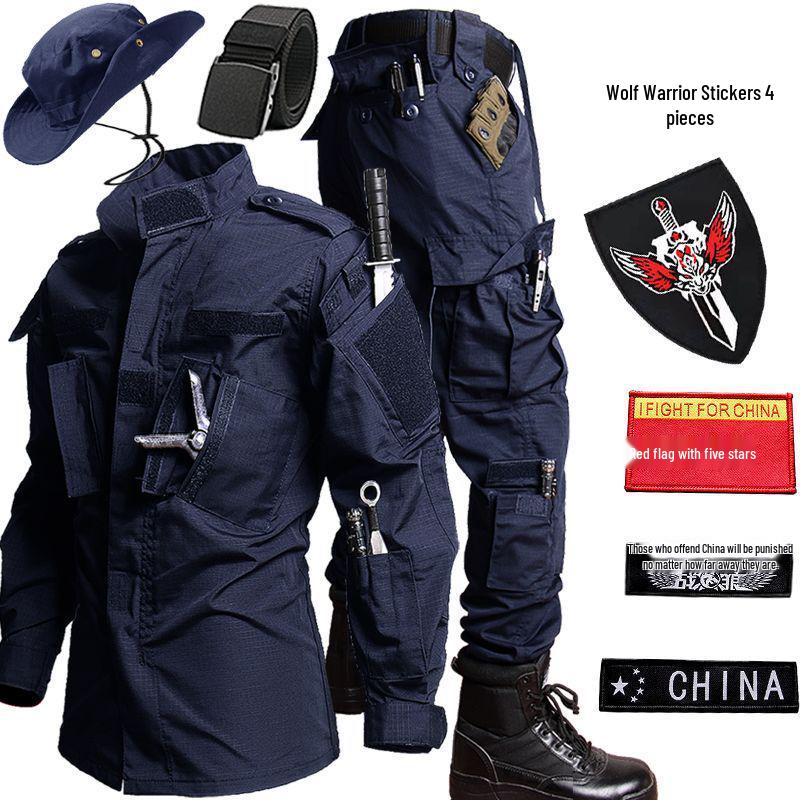 Męski ciemnoniebieski taktyczny garnitur treningowy outdoor: Odporna na ścieranie bojowa kurtka softshellowa