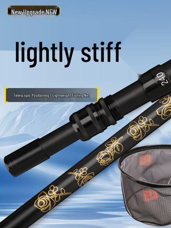 Telescopic Carbon Fiber Landing Net Pole with Lightweight Aluminum Alloy Positioning for Wild and Pit Fishing (Black/Gold).