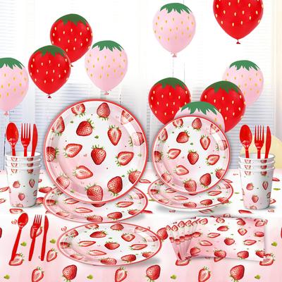 Strawberry Themed Party Supplies Birthday Decoration Balloons Picnic Plates Cake Saucers Children'S Dessert Counter Decoration Cutlery