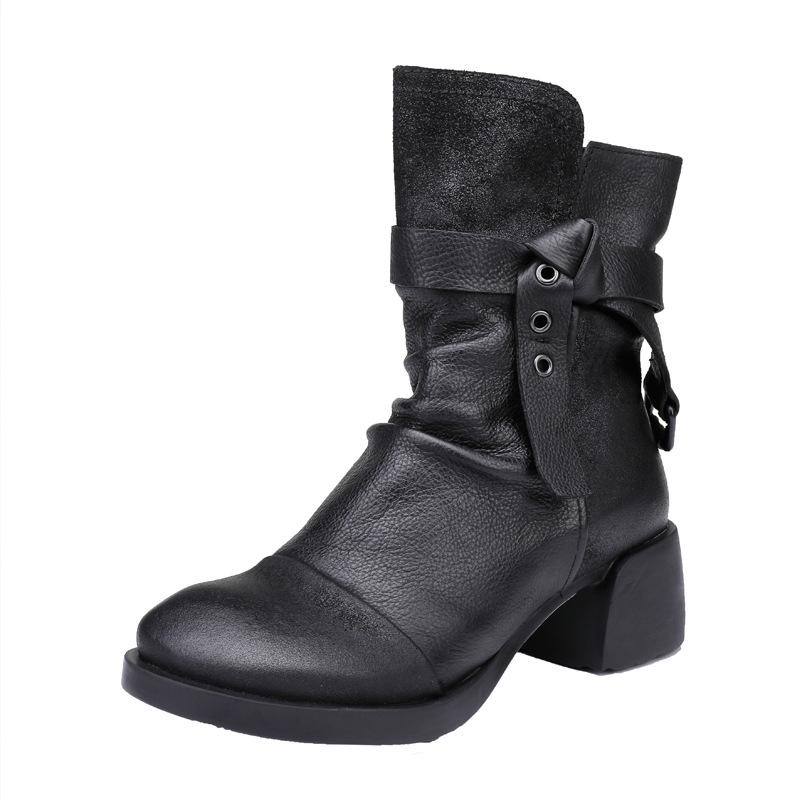 Fashion GKTINOO Women Motorcycle Boots Genuine Leather 2025 New Zip Round Toe Women Shoes Sewing Handmade Retro Mid-Calf Platform Boots