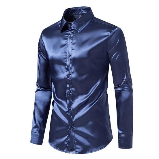 Men Shirt Lapel Long Sleeve Single Breasted Shirt Tops Pure Color Glossy Design Smooth Satin Shirt Versatile Daily Wear