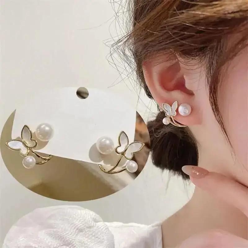 New Korean Fashion Crystal Ginkgo Leaf Earrings For Women Jewelry 2024 Trending Luxury Women's Pearl Opal Drop Earrings JN9