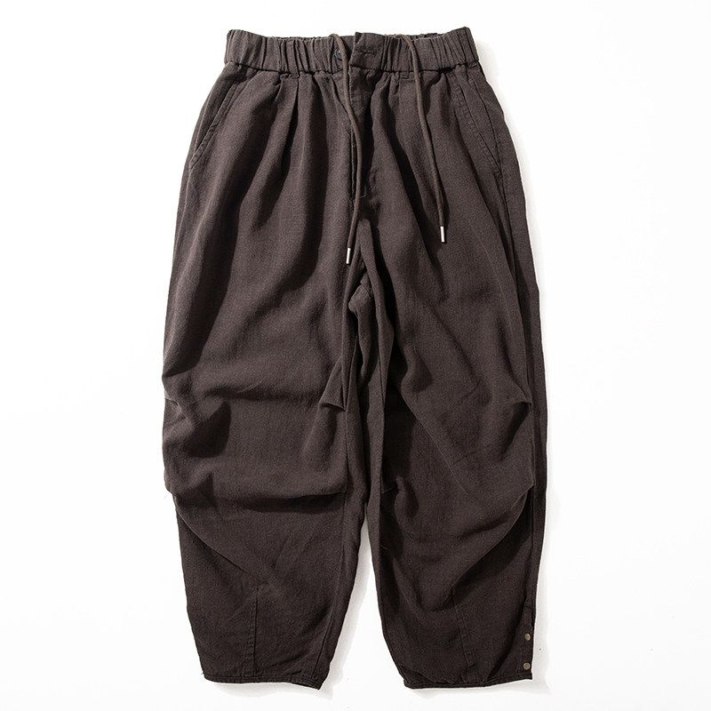 Cropped Pants Men Summer Thin Loose Idle Style Casual Pants Handsome Loose Wide Leg Draping Effect Linen Pants Brown M