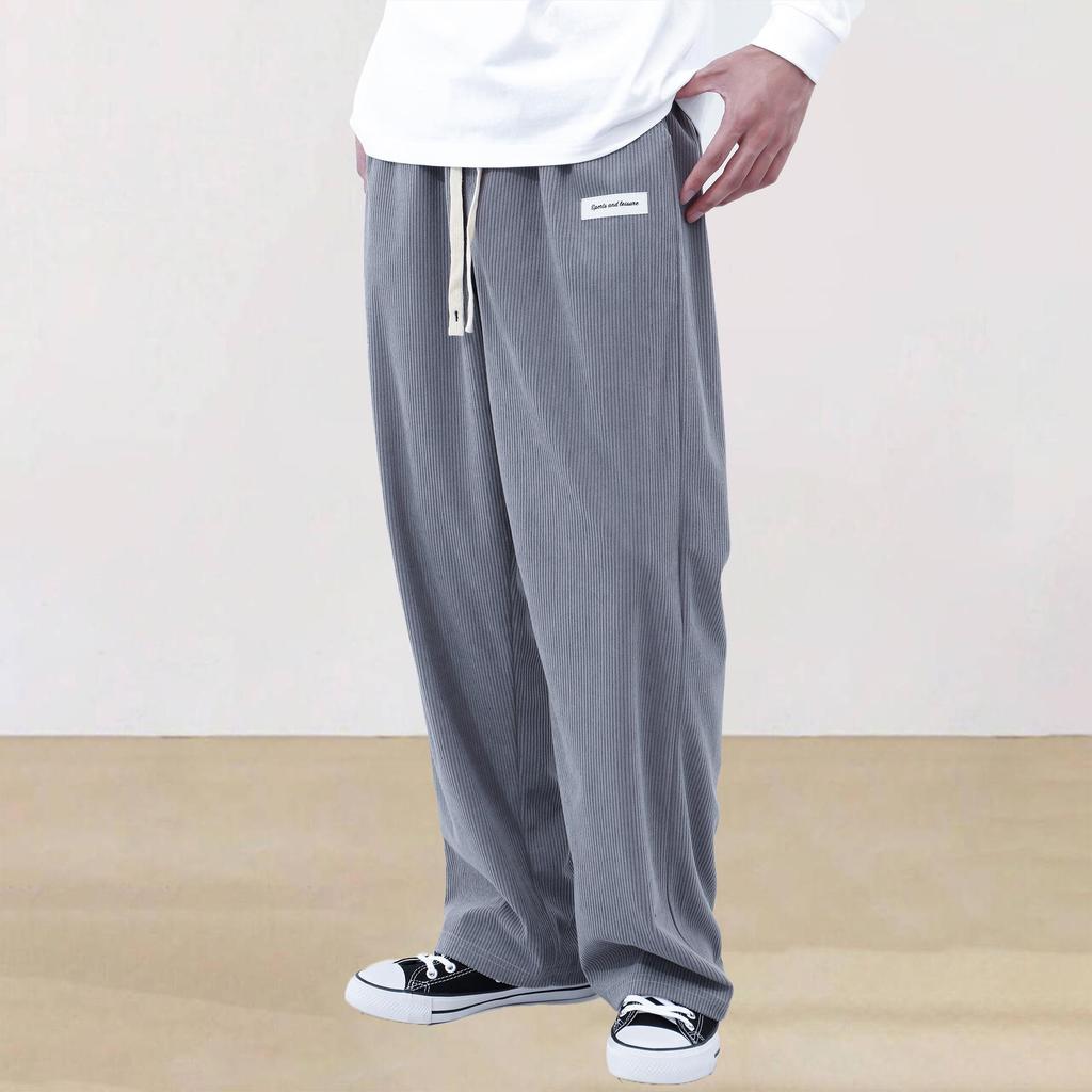 Men's Corduroy Drawstring Sweatpants - Solid Color, Straight-Leg, Cool, High-End, Wide-Leg, Long Pants.