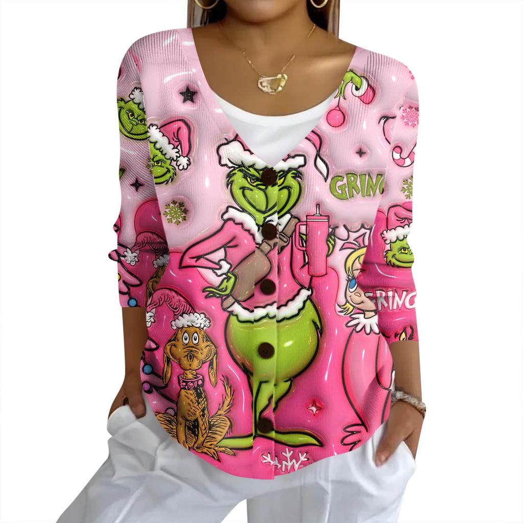 Women's Fashion Casual Knit Sweater Button-Up Christmas Print Cardigan Jacket