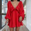 Women Party Dress Solid Color V-neck Long Sleeve Low-cut Above Knee Length Dress-up Lantern Sleeves Big Hem A-line Summer Prom Dress Female Clothes