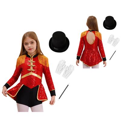 Complete Halloween Circus Costume for Girls 4Pcs: Shiny Sequin Bodysuit, Hat, Gloves & Wand for Ringmaster or Magician Role Play