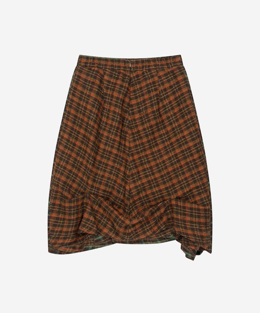 Hateuigseupeulloleo Drape Pinched Check Midi Skirt (Orange Brown)
