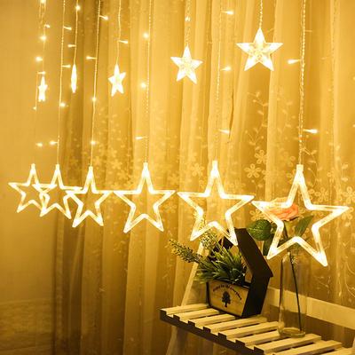 LED Lyslenke Pentagram Stjerne Gardinlys Eventyr Bryllup Bursdag Jul Belysningslampe Innendørs Hjemmedekorasjon Lyslenke