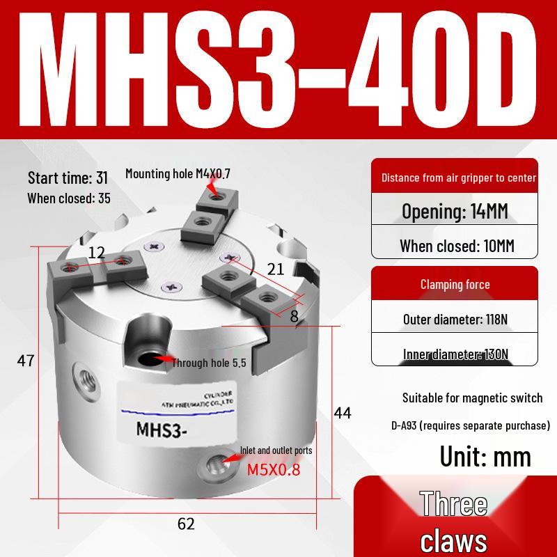 Pneumatic Gripper with Dual, Triple, and Quad Jaw Options: MHS2/3/4-16D/25D/40D/50/63D Clamping Cylinder