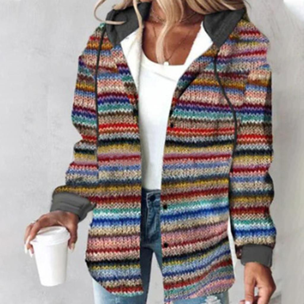 Women's Casual And Fashionable Large Plaid Pattern Patchwork Hooded Button Jacket