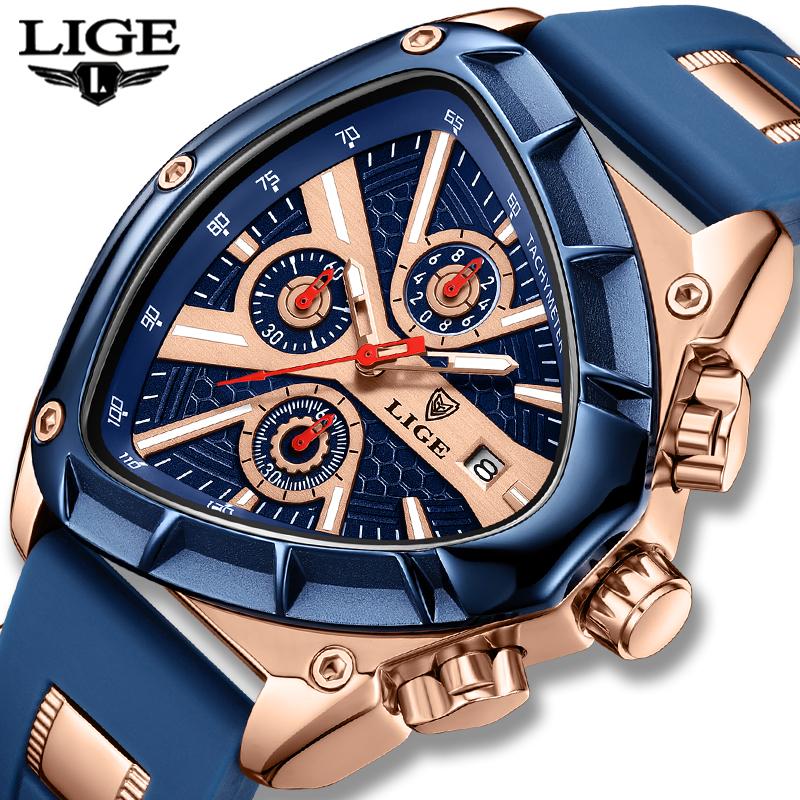 LIGE Sport Dreieck Herrenuhren Leuchtzeiger Mode Gummiarmband Militärische Unregelmäßige Quarz-Armbanduhr Wasserdichte Uhr