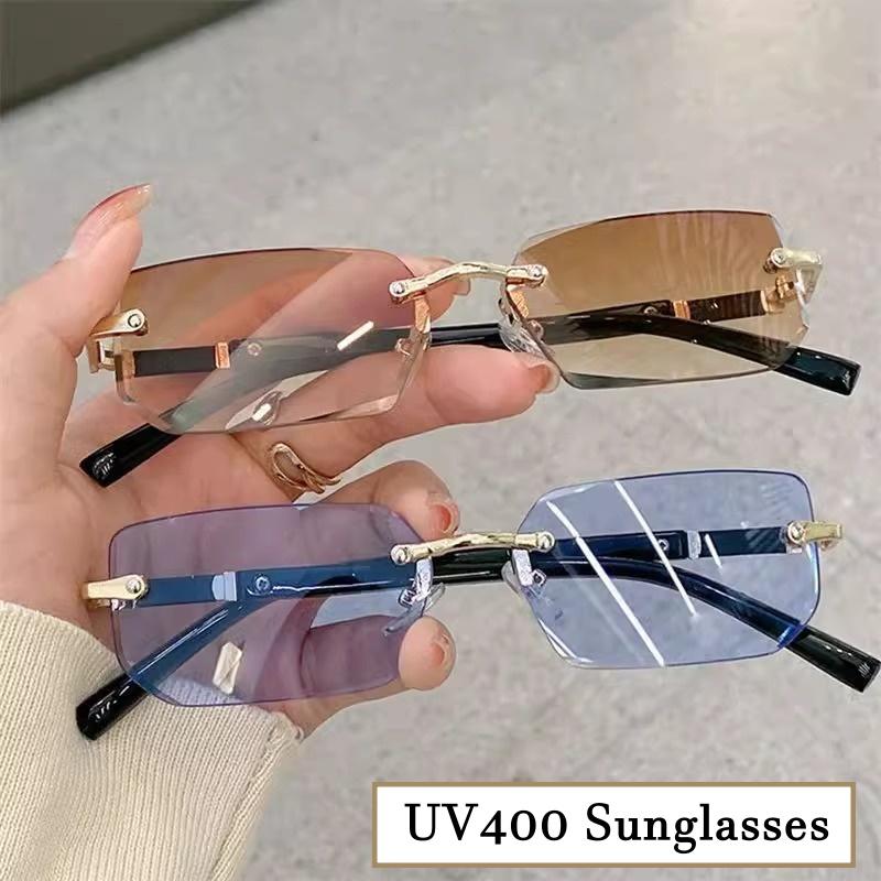 Men Summer Rimless Sunglasses Women Luxury UV400 Eyewear Sunshades Unisex Rectangle Fashion Vintage Outdoor Sun Glasses Goggles