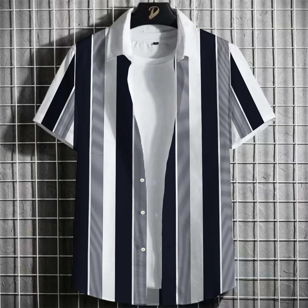 Spring Summer Men Clothes Short Sleeve Stripe Shirt 3D Digital Print Casual Tops