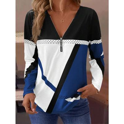 LanaWest Women Casual Autumn/Winter Long Sleeve T-Shirt With Half-Zipper Neckline, Geometric Print Graphic Tees Women Tops For Spring