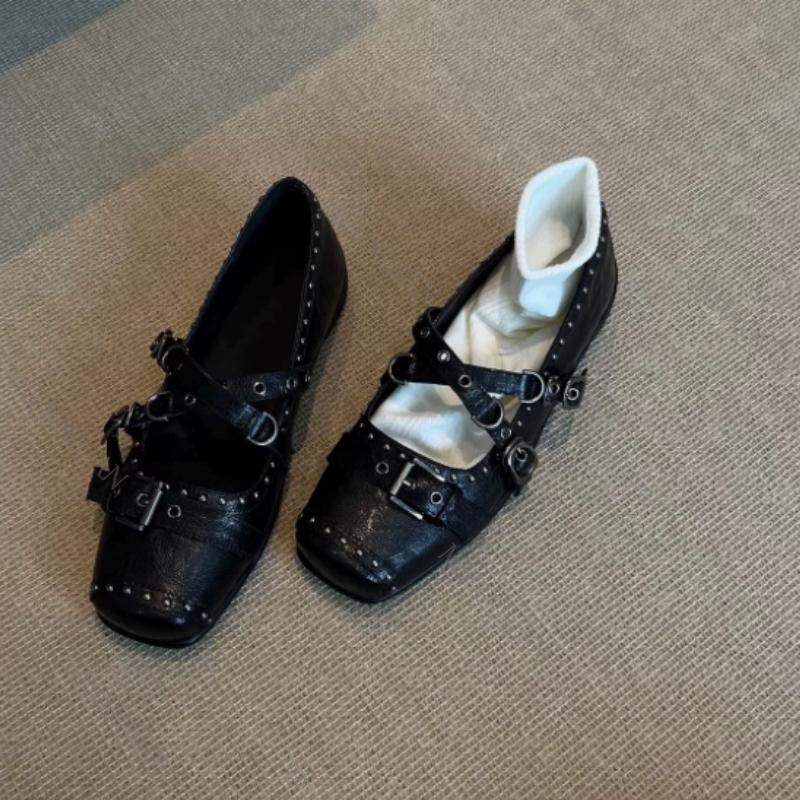 Women Bow Ballet Dance Mary Jane Shoes Fashion Square Toe Rivet Loafers New Dress Designer Flats Casual Ballerinas Footwears