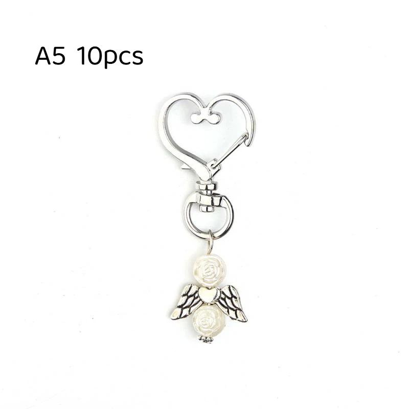 10Pcs Guardian Angel Key Rings 6cm Cute Angel Wing Heart Keychains White Pink Blue Alloy for Family Member Small Gift