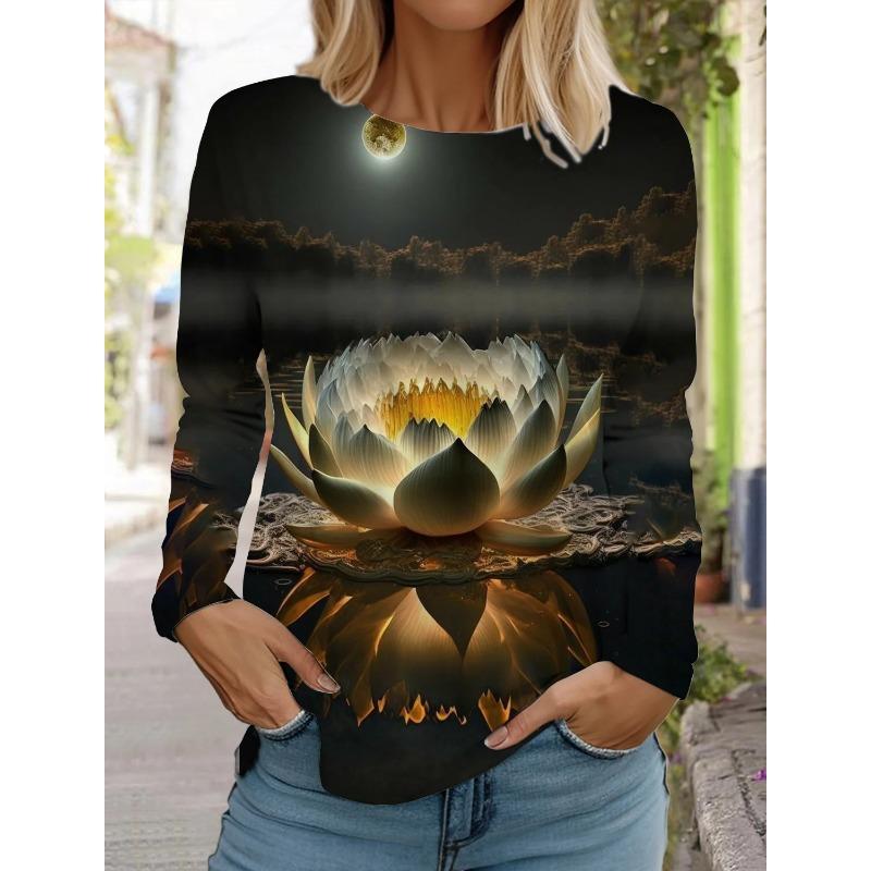 Women's Fashion Retro Tops Long Sleeve Round Neck Pullover Casual Long Sleeve T-shirt 3d Printed Lotus Print T-shirt
