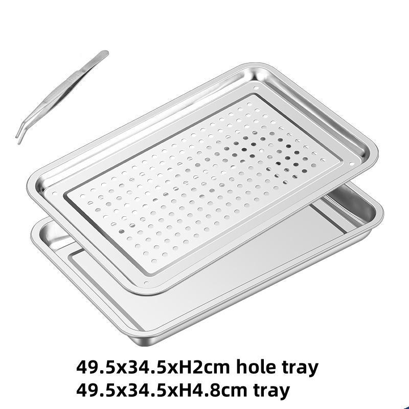 Stainless Steel Rectangle Dinner Tea Tray Double 2 Layer Dumpling Oil Leaking Hole Basin Steaming Draining Hole Plate with Basin