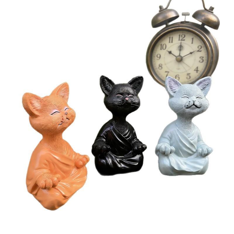 Meditation Animal Meditation Cat Resin Crafts Ornament Zazen Cat Flower Home Garden Decorative Statue
