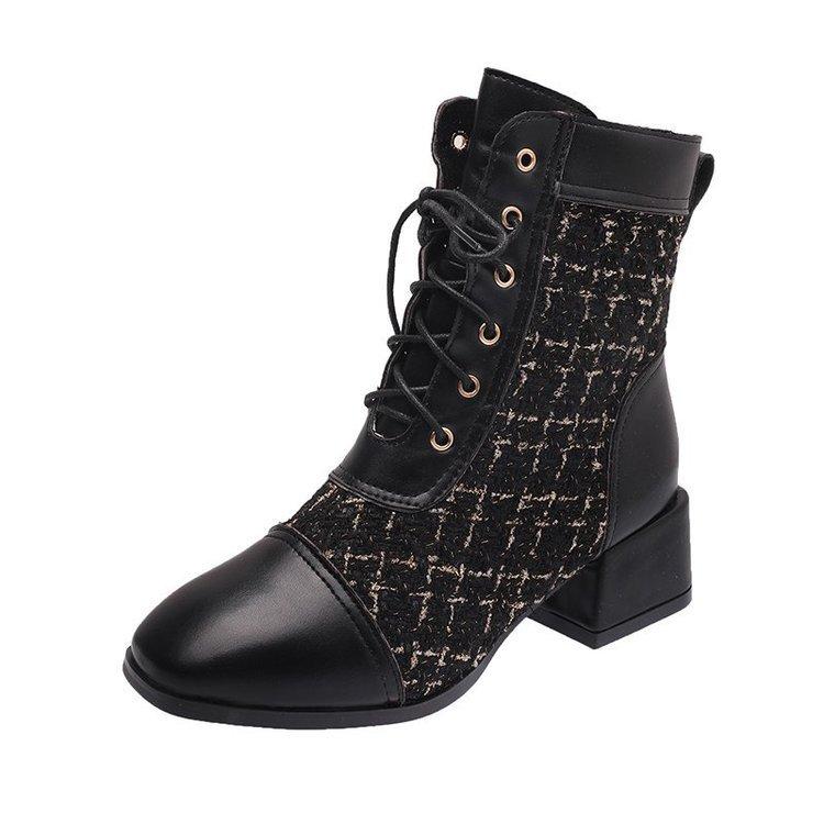 Square Front Lace Up Mesh Red Thick Middle Heel Fashion Versatile Fashion Boots
