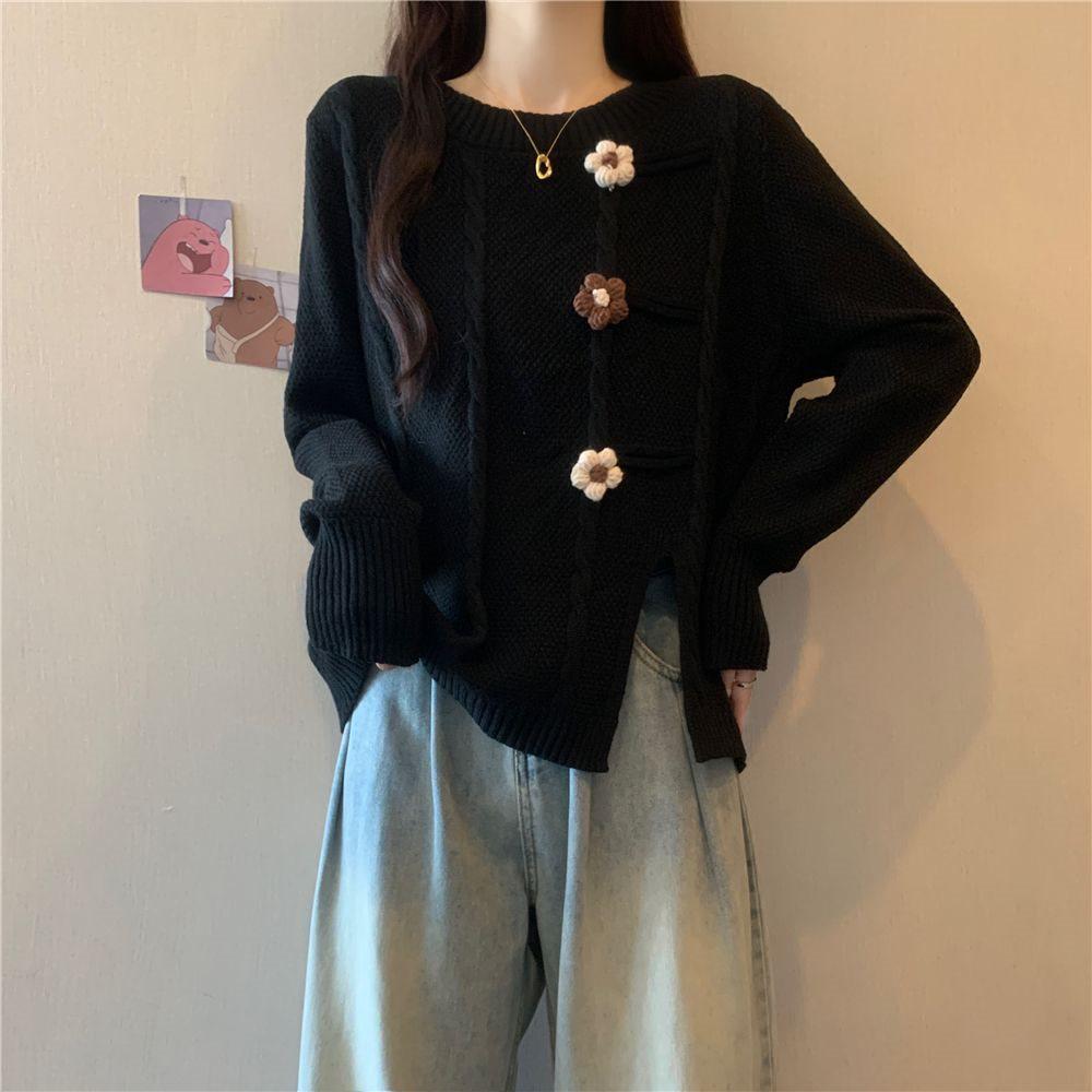 

Plus Size Irregular Slit Knit Sweater - Slimming Long Sleeve Top for Women M (80-100 jin) чёрный