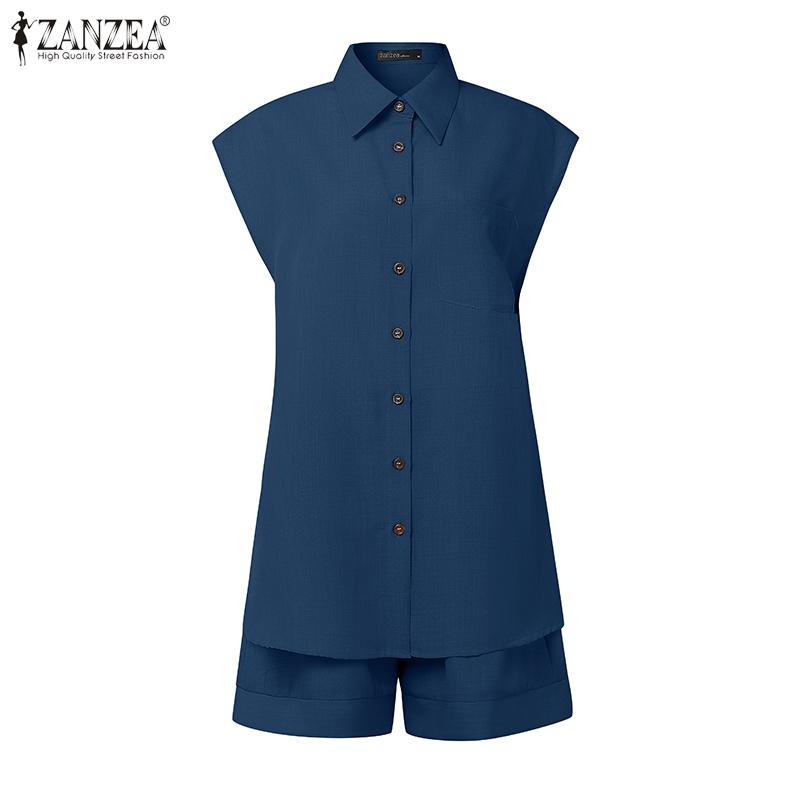 

ZANZEA 2PCS Sets Women Short Sleeve Shirts Elastic Waist Shorts Casual Elegant Suits 4XL синий