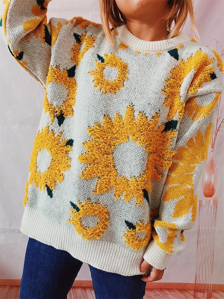 Autumn and winter new top sunflower jacquard round neck long sleeved knitted pullover sweater for women 3589