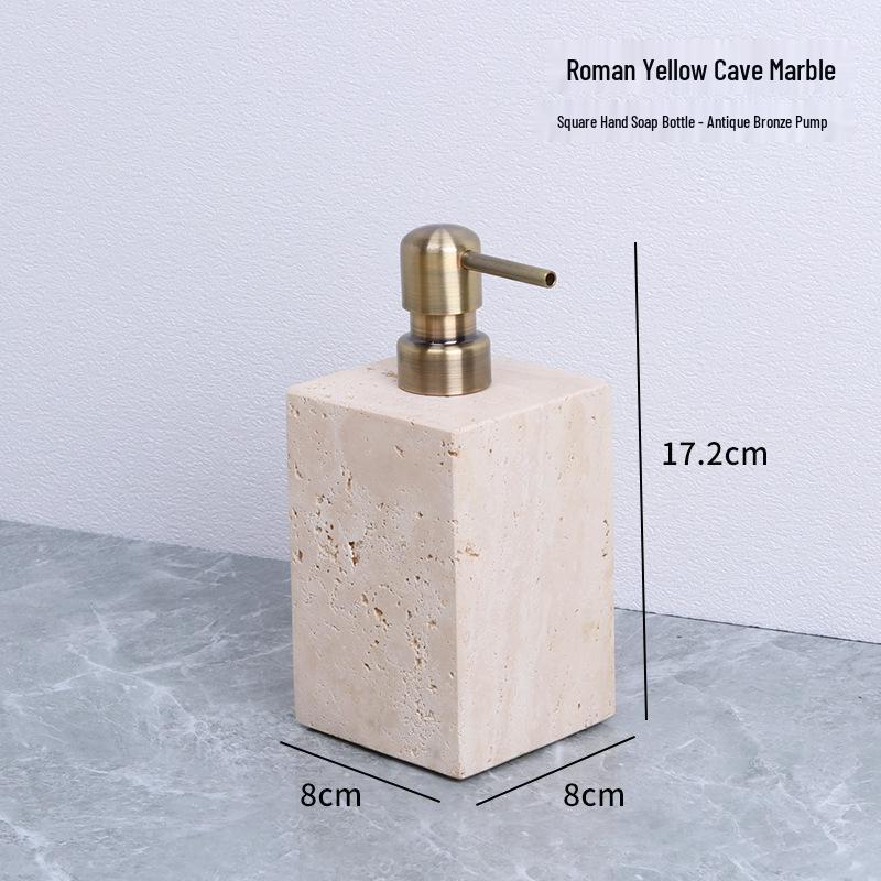 Badezimmerset aus gelbem Marmor im chinesischen Stil: Tablett, Aromatherapie-Ornament, Handseifenspender & Taschentuchbox.