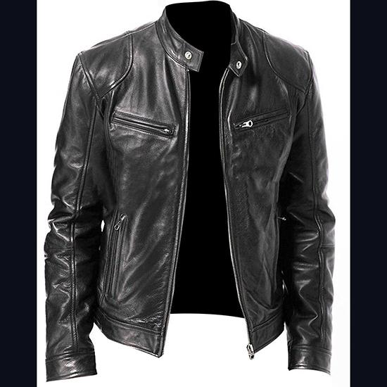 Frühling und Herbst Business Gentleman Reißverschluss Strickjacke Taschendekoration PU-Leder Vertikaler Kragen Slim Fit Lederjacke Mantel Mode Herrenbekleidung