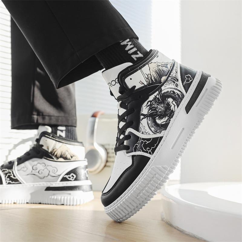 Fashion Chinese Dragon Men's Skateboard Shoes Fashion Casual Red Women Skate Board Shoes Outdoor Platform Leather Men High Top Sneakers