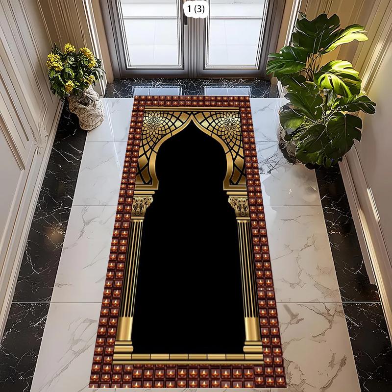 

Luxury Ornate Islamic Arch Pattern Prayer Rug with Golden Column Print Decorative Floor Carpet for Muslim Hallway 40X60CM