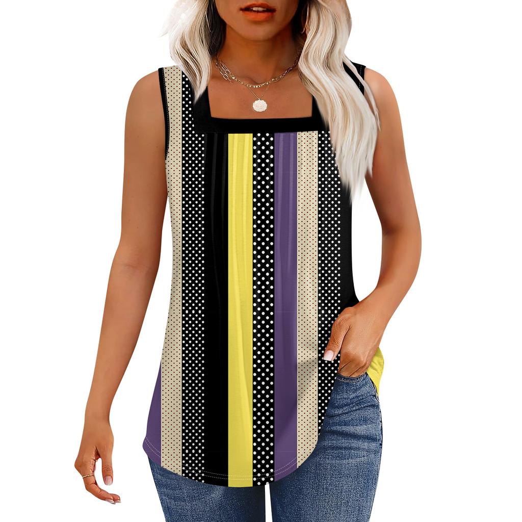 Tank Top für Damen, Sommer-Outfits, ärmellos, bedruckt, Blusen, lässig, lockere Hemden, plissiert, quadratischer Hals