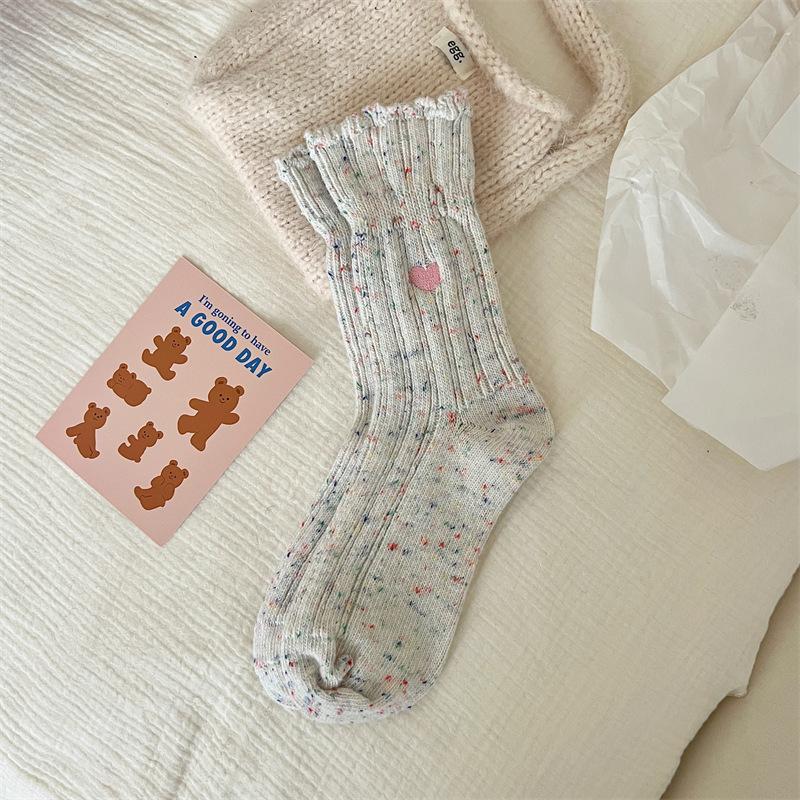 Thickened Lace Idea Yarn Wool Socks Children'S Love Embroidery Medium Tube Socks Warm Thick Line Stacking Socks