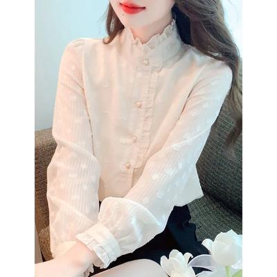 Französisches Stehkragen-Chiffonhemd für Damen Modisches und Schönes Hemd Langärmeliges Unterhemd Top