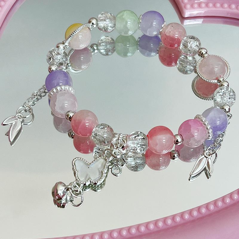 Bracelet Pendentif Papillon Fleurs Cristal Rose Coréen Pour Femmes Bracelets Chaîne de Perles Douces Bijoux Cadeaux Petite Amie