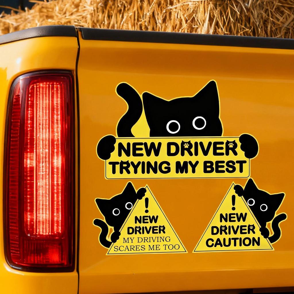 New Driver Sticker Funny 3 Pieces Black Cat Automotive Decal Vehicle Decoration Decals For Drivers Road Trips Daily Commuting