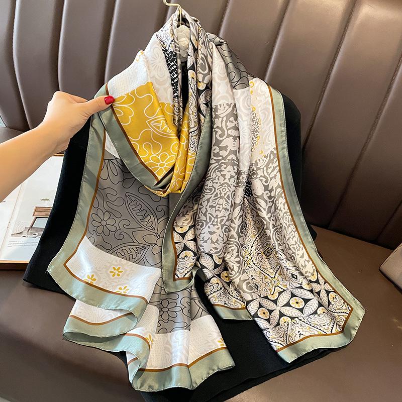 Painting Floral Design 100% Silk Feeling Scarf For Women 180X90Cm Shawl Wraps Luxury Female Hijab Headband Foulard Beach Stoles