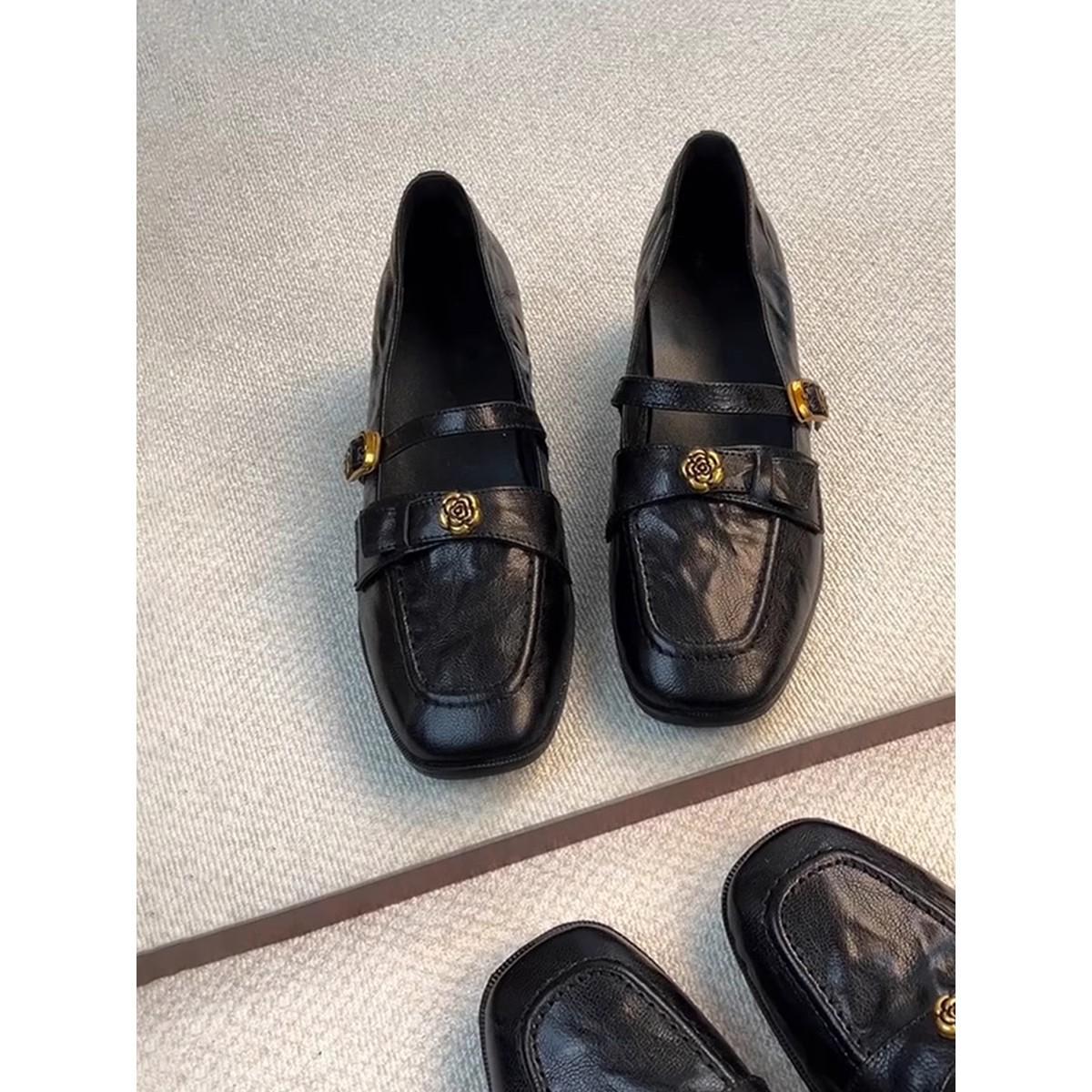 

Sheepskin version~ Retro square head camellia Mary Jane shoes with commuting small leather shoes temperament thick heel single shoes women 39