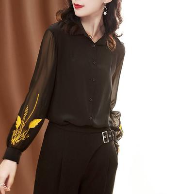 Black Chiffon Embroidery Shirt for Women with Long Sleeves Loose Boulse